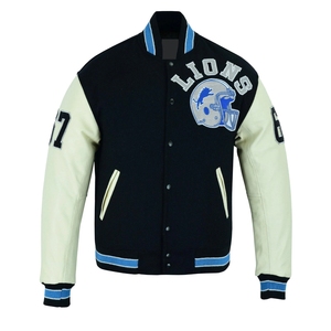 Black Wool Bomber Varsity Jacket With <b>Real</b> Leather Sleeves BIG DISCOUNT - Product Image 1
