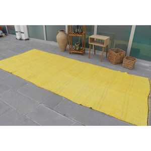 Rug, 4.5x11.5 ft Vintage Rug, <b>Yellow</b> Plants & trees Rug <b>Wool</b> - Product Image 3