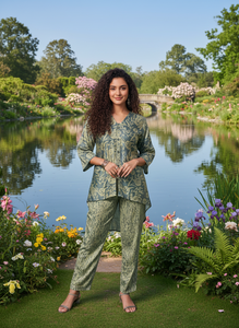 Ensemble coordonné élégant à imprimé floral pour femmes, kurta ethnique contemporain à coupe asymétrique, pantalon assorti, écharpe, tenue de soirée, polyester, séchage rapide - Product Image 2