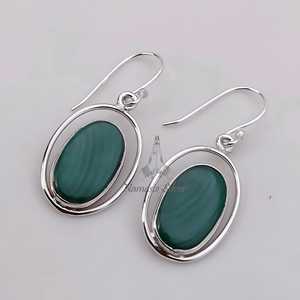 Malachite <b>Earrings</b>, <b>Sterling</b> <b>Silver</b> <b>Dangle</b> <b>Earrings</b>, Handmade Oval Jewelry - Product Image 5
