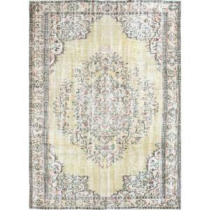 Tapis en laine noué à la main doré vintage 9x12 rectangulaire, motif médaillon abstrait, idéal pour couloir, entrée ou chambre - Product Image 1