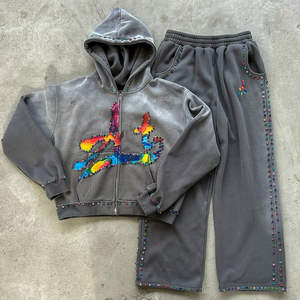 Mens Custom Vintage Winter Set Heavyweight French Terry Cotton Hoodie <b>Pants</b> with Rhinestone Gem Accents Casual Unisex - Product Image 2