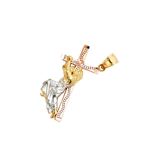 Exquis pendentif classique chrétien en alliage de cuivre fantaisie pour enfants, plaqué or tricolore 14 carats, avec Jésus portant la croix et crucifix, orné de zircon - Product Image 2