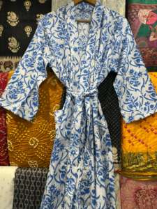 Bata Kimono de Algodón, Bata de Dama de Honor con Estampado de Bloques, Ropa de Dormir de Verano, Talla Única - Product Image 4