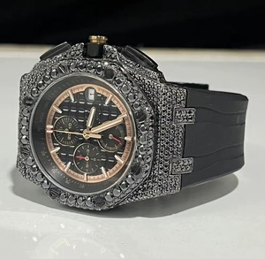 Montre noire de luxe personnalisée de haute qualité avec diamants de laboratoire VVS, sertie de zircon cubique, style hip-hop, bracelet en cuir, mouvement mécanique, moissanite, ETA - Product Image 2