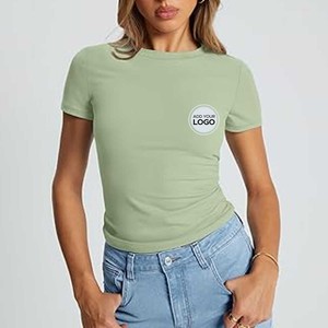 Tops cortos de manga corta para mujer, camisetas de algodón, camiseta recortada ultra suave para mujer, camisetas de cuello redondo informales - Product Image 3