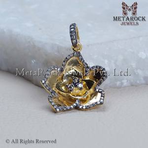 Designer Flower Shaped Handmade Pave Set Diamond 925 Sterling Silver Gold Plated Pendant Metarock Jewelry - Product Image 5