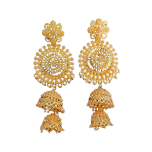 Boucles d'oreilles de qualité supérieure serties de boucles d'oreilles de style Jhumka plaqué or 22CT bijoux pour femmes par les exportateurs indiens - Product Image 2