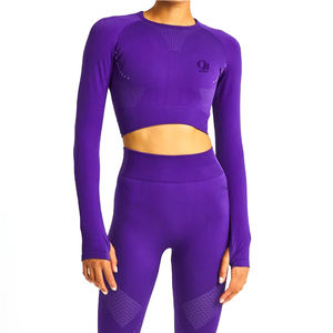 Purple Custom Logo Women's Breathable Short Long Sleeve Fitness <b>Crop</b> <b>Top</b> <b>Sexy</b> Workout Tank Style OEM Service Ready Ship Knitted - Product Image 3