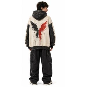 Sudadera con Capucha Extra Grande para Hombre, de Algodón Grueso, con Estampado en Aerosol, Bolsillo, Diseño de Alas Rojas, para Otoño - Product Image 3