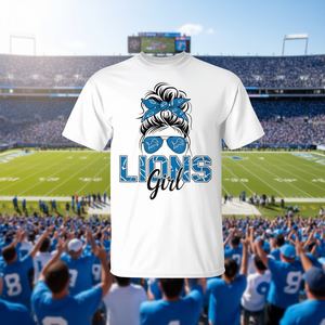 <b>Lions</b> Girl Sports Fan Team T-<b>Shirt</b> with Messy Bun Promotional Customizable Design - Product Image 3