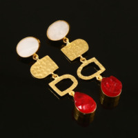 Tendance Mode Naturel calcédoine rouge Druzy Marteau Fini Boucle D'oreille En Laiton Plaqué Or Meilleure Vente Drop Dangle Boucle D'oreille