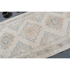 <b>Vintage</b> Turkish <b>Rug</b> 4.8 X 12.6ft Handmade Beige Blue Wool with Plush Pile Height Rectangular Abstract Pattern for Bedroom - Product Image 5