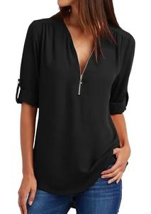 Camisa Holgada Fresca de Verano para Mujer, Cuello en V Profundo, Gasa, Blusa Informal para Mujer, Sexy, con Cierre, Talla Grande, Manga Larga, a la Moda - Product Image 2