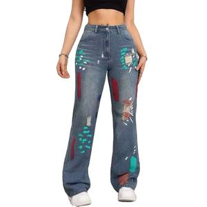 Nouvelle Arrivée Jean Droit Femme en Denim Imprimé Graphique Tendance avec Strass Déchirés et Logo Glamour Respirant à la Taille - Product Image 2