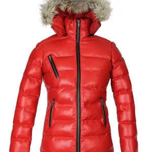 Custom Outwear Puffer chaqueta de cuero rojo de las mujeres con piel con capucha Logotipo DE LA EMPRESA Oferta Tiendas en línea Venta de envío gratis