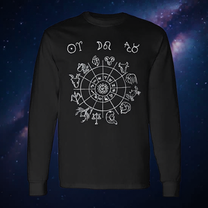 T-shirt a maniche lunghe con design degli segni zodiacali, girocollo nero, abbigliamento astrologico - Product Image 3