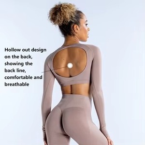 Taille haute Yoga Shorts Leggings d'entraînement dos nu à manches longues haut soutien-gorge de sport vêtements de sport quatre pièces Gym Fitness ensembles - Product Image 6