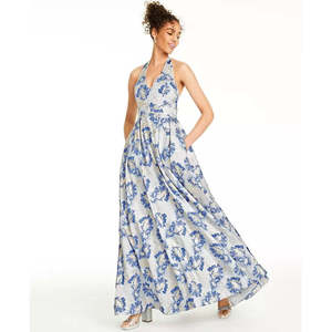 Abito da ballo in raso a trapezio per ragazze Speechless, blu medio, taglia 7, con stampa floreale broccata, scollo all'americana e vita impero, stampa metallizzata - Product Image 1