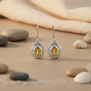 Boucles d'oreilles en argent 925 avec fermoir à levier et pierre précieuse jaune, bijoux pour femmes - Product Image 1