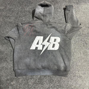 Sudadera con capucha de lavado ácido 400GSM para hombre con tachuelas bordadas desgastadas logotipo personalizado y sudaderas con capucha de lavado de piedra desteñido por el sol - Product Image 3