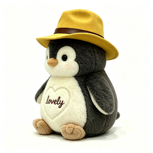 customized Cowboy penguin plush <b>toy</b>, Penguin <b>stuffed</b> animal with yellow fedora hat, Cute sitting penguin plush - Product Image 4