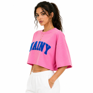 Custom Oversized Solid Color Cotton Crop Top Women Chenille Embroidery <b>T</b>-<b>Shirt</b> Loose <b>Fit</b> <b>Cropped</b> Tee Streetwear High Quality - Product Image 1