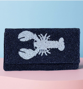 Nautical Lobster Geometric Beaded Fold Over <b>Clutch</b> <b>Navy</b> White Women Evening Party Resort Statement Accessory Fashion Wedding - Product Image 1