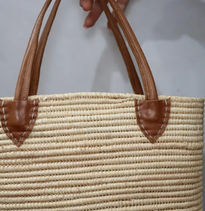 Handmade Moroccan <b>Raffia</b> <b>Tote</b> Bag with Leather Handles, Woven Straw Shoulder Bag, Eco-Friendly Summer Beach Bag - Product Image 1