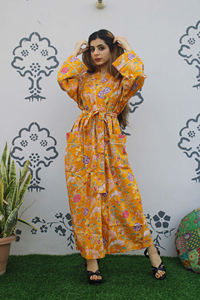 Kimono indio de algodón hecho a mano 100% Heritage Boho patrón Floral hendidura cintura corbata bolsillos pantalla impresa Casual Kimono Robe - Product Image 3