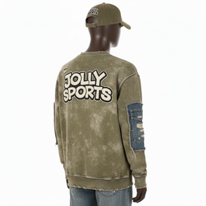 Sudadera Básica de Felpa Suave de 360 g/m², Color Caqui, con Paneles de Mezclilla, Logotipo Personalizado Bordado y Apliques - Product Image 3