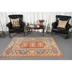 4.2x6.4 ft Area Vintage Turkish Rug, <b>Red</b> Floral <b>Wool</b> Rug - Product Image 2