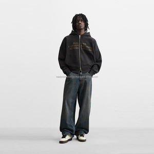 Sweat à capuche personnalisé poids lourd délavé à l'acide 100% coton Double fermeture éclair brodé épaule tombante-pour l'hiver - Product Image 2