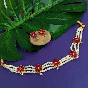 Fabricant indien de bijoux perles de cristal couches collier ras du cou boucles d'oreilles ensemble de bijoux indiens plaqué or pour femmes - Product Image 1