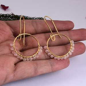 Boucles d'oreilles en argent sterling 925 avec plaqué or perles de quartz rose à la mode forme de crochet de pierres précieuses pour cadeau de mariage ou fête - Product Image 6