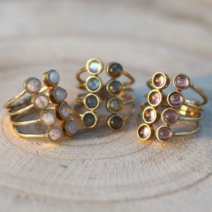 Ensemble de bagues en pierres précieuses à bulles, bagues empilables en laiton réglables avec pierre de lune, turquoise et œil de tigre, bijoux faits à la main en gros - Product Image 3