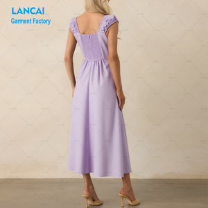 Wholesale Women's Lavender Square Neck Slim Fit Midi <b>Dress</b> Ruched Cap Sleeves Side Slit Smocked Casual <b>Dresses</b> - Product Image 2