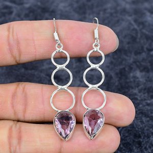 Pendientes hechos a mano de Plata de Ley 925 con Topacio rosa, gota larga, forma de pera, piedras preciosas chapadas en plata para bodas cristianas - Product Image 2