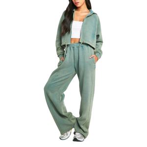 Conjunto de chándales lavados con ácido para mujer, jersey de cuello redondo de lana personalizado, sudadera de Fitness con pantalones para correr, chándal para mujer 2026 - Product Image 1