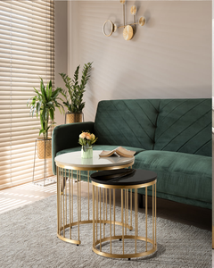 Tables basses rondes modernes, avec des plateaux en marbre blanc avec des accents dorés et des bases cylindriques en or massif - Product Image 6