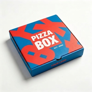 Emballage de pizza innovant de style dossier, bleu et rouge, ondulé, écologique, biodégradable, avec logo personnalisé, pour la restauration rapide à emporter - Product Image 1
