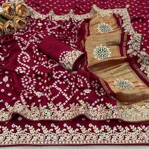 Sari pour femme en soie Gaji avec travail Bandhani Gota Pati, Pallu en Lagadi Patta pur fait main, entièrement orné de Bandhej, fabriqué en Inde - Product Image 4