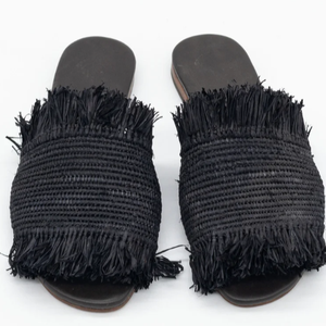 Raffia Slippers for Womens, Black Raffia Sandals, Raffia Shoes, Raffia <b>Slides</b>, - Product Image 1