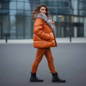 Chaqueta de Invierno Acolchada de Cuero Genuino para Mujer con Cuello de Piel de Zorro y Cremallera Naranja - Product Image 2