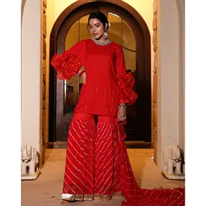 Ensemble de vêtements pour femmes, spécial Eid, nouvelle création, broderie artisanale, manches ballon, couleur rouge, matière rayonne, exportateur indien. - Product Image 5