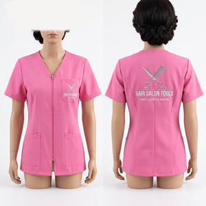Veste de barbier pour femme 220 GSM en polycoton premium rose, design à panneaux sur mesure, impression sérigraphique personnalisée, logo brodé - Product Image 5