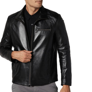 Chaqueta de cuero con cuello levantado de color sólido para hombre Chaqueta de diseño liso de lona genuina a precio de fábrica para hombre - Product Image 3