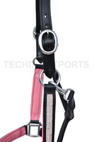 Harnais de cheval en cuir noir de qualité supérieure avec rembourrage rose et design en strass de cristal