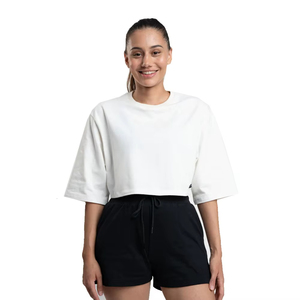 T-shirt court en coton organique de haute qualité à col rond, lavé à l'acide, poids lourd, Boxy, t-shirts graphiques personnalisés pour femmes - Product Image 2