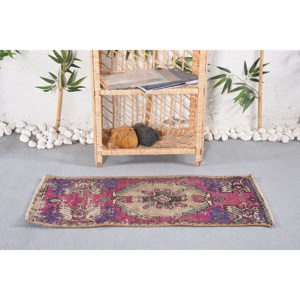 Alfombra de lana Vintage 1,4X3,1 pies (44x94 cm) estilo patchwork rosa azul látex respaldo 10mm alfombra de felpa para pasillo 9x12 - Product Image 1